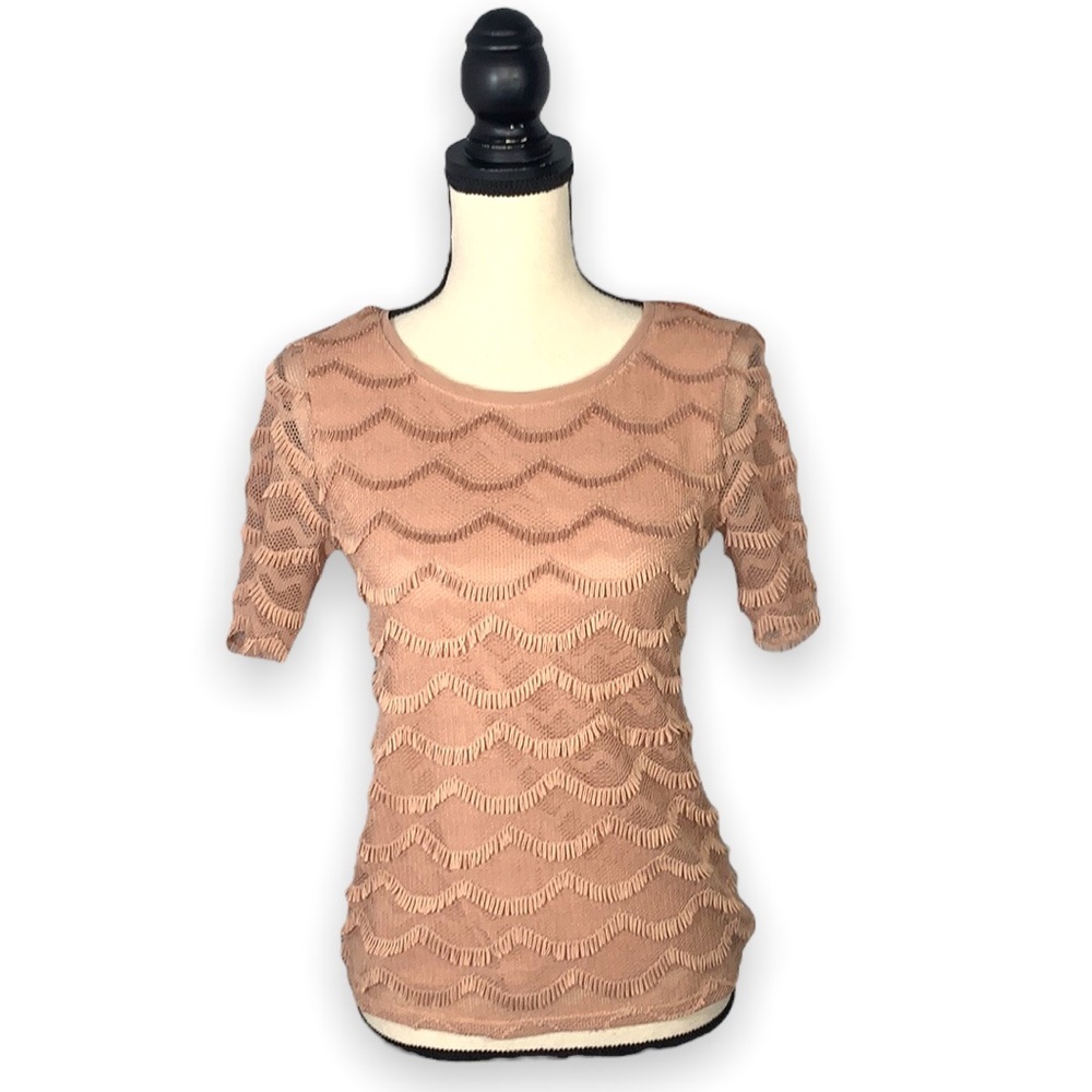 Sanctuary Dusty Rose Textured Lace Short Sleeve Blouse Quarter Zip Back XS EUC